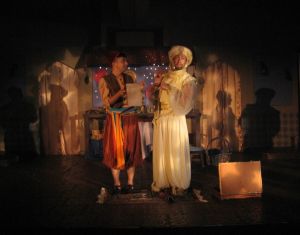 Aladdin (l- Sam Hayder) and Genie (r-Anthony Scimonelli) in Pumpkin Theatre's Aladdin