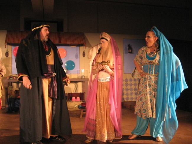 (l to r) The Evil Sorcerer Malfi (Thom Sinn) confronts Princess Opal (Amy Greco) and her handmaiden Sasha (Erin Confair) 