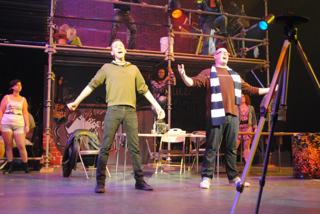 Roger (l- Dvid Woodward) and Mark (r- Jake Stuart) in Phoenix Festival Theatre's production of Rent. 