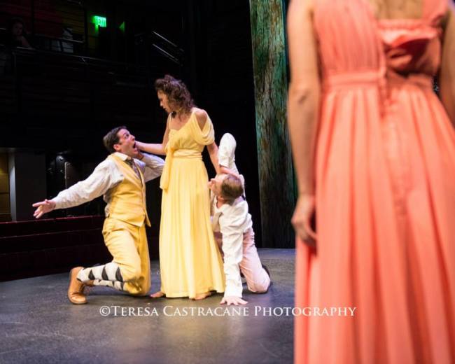 (l to r) Demetrius (James Jager) Helena (Audrey Bertaux) Lysander (Travis Hudson) and the backside of Hermia (Rachel Jacobs) in A Midsummer Night's Dream at Chesapeake Shakespeare Company