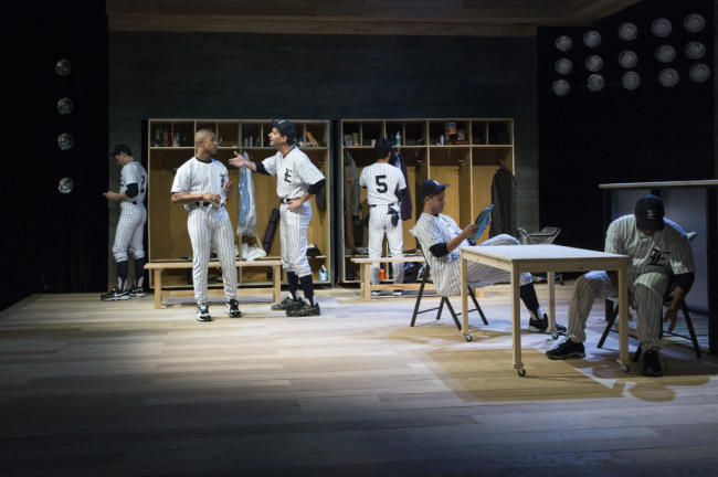 (from left to right) Tim Torre, Jaysen Wright, Sun King Davis, Jacob Yeh, Adrian Vigil and Steven Soto in "Take Me Out" at 1st Stage. The show runs through October 12, 2014 in Tysons Corner.