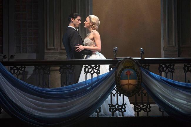 Peron (Sean MacLaughlin) and Eva (Caroline Bowman) on the Balcony of Casa Rosada, Evita