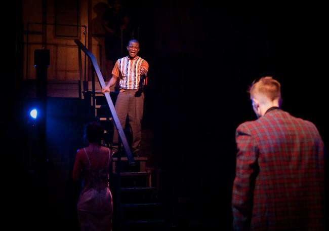 Gator (center- Jonathan David Randle) singing "Say a Prayer" as the act one finale song in Memphis at Toby's Dinner Theatre