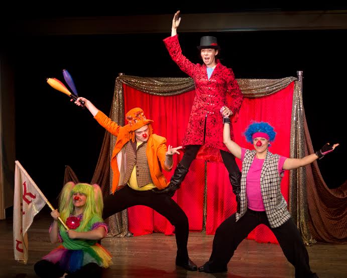 The ensemble of Not My Monkey: featured left to right The Green Clown (Sarah King) The Orange Clown (Jack Novak) Ringmaster Tekla (Anna Jackson) and The Pink Clown (Alani Kravitz)