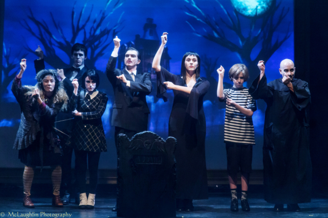 The Addams Family (from l to r) Liz Weber (Grandma), David "DJ" Wojciekowski (Lurch), Camryn Shegogue (Wednesday), Bobby Libby (Gomez), Laura O'Brien (Morticia), John Ray (Pugsley), and Chuck Dluhy (Fester).