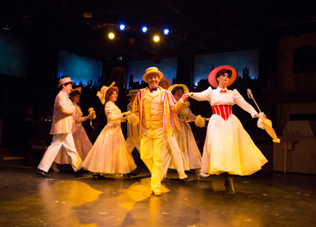 Bert (L- Jeffrey Shankle) and Mary Poppins (R- Maura Hogan) dancing through "Jolly Holiday"