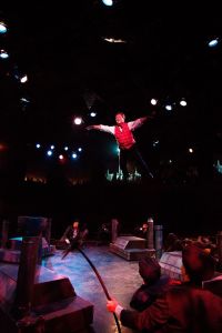 Jeffrey Shankle as Bert going over the rooftops for "Step in Time"