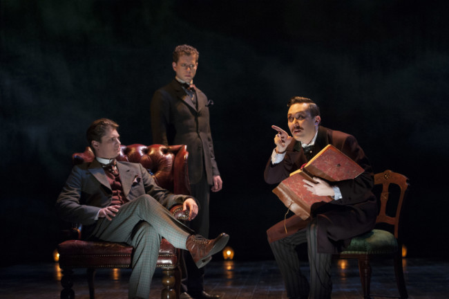 (L to R) Gregory Wooddell as Sherlock Holmes, Lucas Hall as Doctor Watson and Stanley Bahorek in Ken Ludwig’s Baskerville: A Sherlock Holmes Mystery at Arena Stage at the Mead Center for American Theater, January 16-February 22, 2015