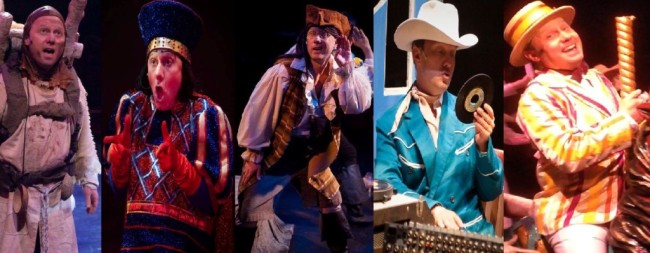 Jeffrey Shankle in the 2014 season of Toby's Dinner Theatre: (l to r) Patsy in Spamalot, Lord Farquaad in Shrek, Samuel in The Pirates of Penzance, Boring DJ in Memphis, and Bert in Mary Poppins