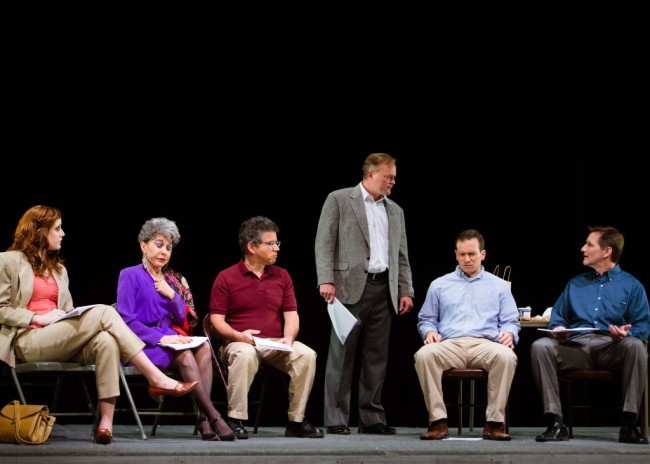 (L to R) Karen (Christne Carter) Bella (Joan Susan Zeigler) Lloyd (Jay Stein) Alex Dennison (Ian Brown) Leo (Wilson Paine) and David (Kevin Walker) gather to discuss Alex's new play