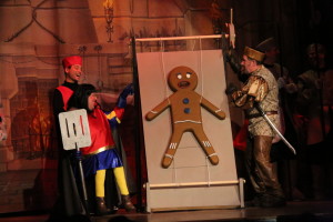 Lord Farquaad (L- Ken Ewing) and Gingy (R- voiced by Tammy Oppel) 