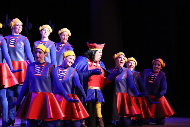 Lord Farquaad (Center- Ken Ewing) and the Dulock Dancers perform "What's Up, Duloc?" in Shrek the Musical at St. Demetrio's Suburban Players