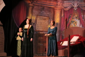 Young Fiona (L- Elena Tagliaferro) Fiona (C- Julie Parrish) and Teen Fiona (R- Kaela Monsanto) singing "I Know It's Today" in Shrek the Musical at St. Demetrio's Suburban Players