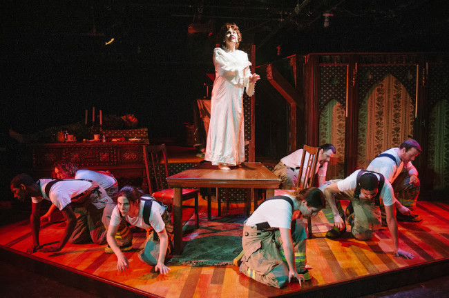 Lisa Burl (center) and the chorus of The Arsonists at Maryland Ensemble Theatre