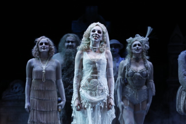 Julia Lancione (center) as The Bride Ancestor on the 2nd National Tour of The Addams Family musical