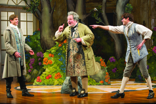 Anthony Roach as Dorante, Adam LeFevre as Francalou, and Christian Conn as Damis in the Shakespeare Theatre Company’s production of David Ives’s The Metromaniacs