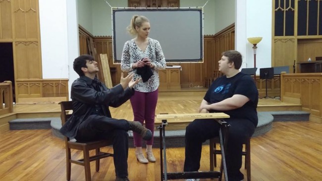 (L to R) Matthew Payne, Casey Dutt, and Bobby Henneburg in rehearsal for 13 Dead Husbands