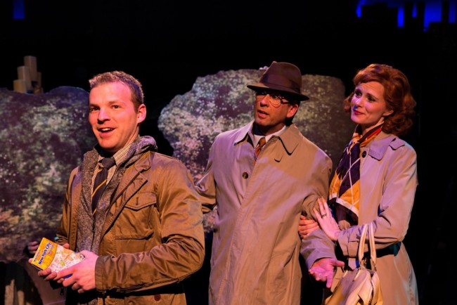 Lucas Beineke (L- AJ Whittenberger) leads his father Mal (C- Darren McDonnell) and mother Alice (R- Elizabeth Rayca) through Central Park to find his true love, Wednesday Addams