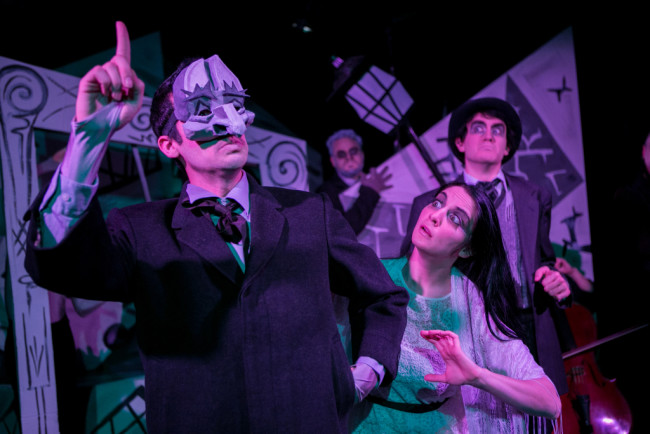(L to R in Front) Zachary Fernebok, Rachel Menyuk, and Frank Cevarich. (Background) Lex Davis as Doctor Caligari
