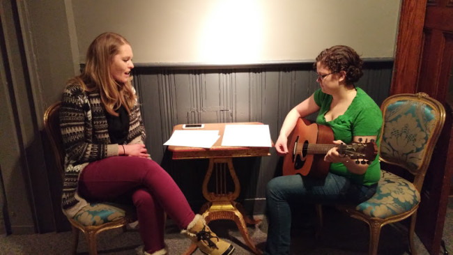 Casey Dutt (Left) in rehearsal with musician Alicia Stanley (Right) for 13 Dead Husbands at Cohesion Theatre Company