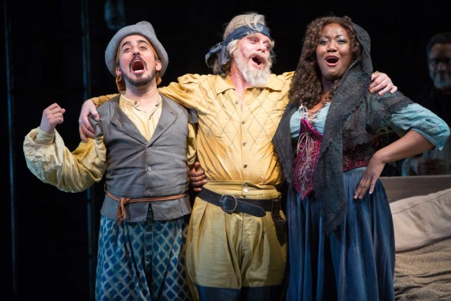 Nehal Joshi as Sancho. Anthony Warlow as Don Quixote, and Amber Iman as Aldonza in the Shakespeare Theatre Company’s production of Man of La Mancha, directed by Alan Paul