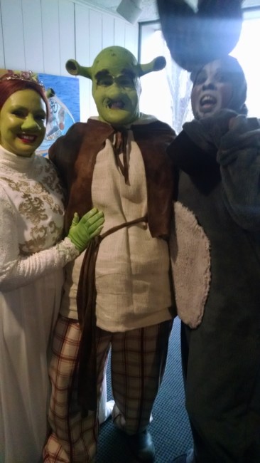 Princess Fiona (L- Malarie Novotny) Shrek (C- Dean Davis) and Donkey (R- J. Hargrove) 