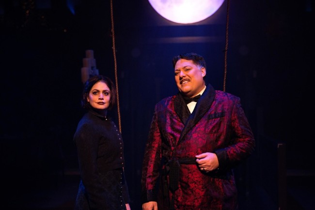 MaryKate Brouillet as Wednesday Addams (left) and Lawrence B. Munsey as Gomez Addams (right)