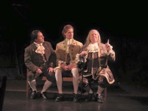 (L to R) John Adams (Jeffrey Shankle) Thomas Jefferson (Brendan McMahon) and Ben Franklin (John Stevenson)