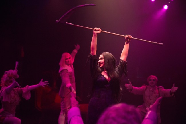 Morticia Addams (Center, Priscilla Cuellar) dances through "Just Around the Corner" with the Ancestors (L to R Rachel Kemp, Ariel Messeca, and Will Emory)