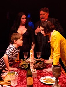 (L to R) Pugsley (Gavin Willard) Morticia (Priscilla Cuellar) Gomez (Lawrence B. Munsey) and Wednesday (MaryKate Brouillet)