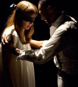 Sara Barker as Woman (left) and David Lamont Wilson as Man (right) in Closet Land at Factory449