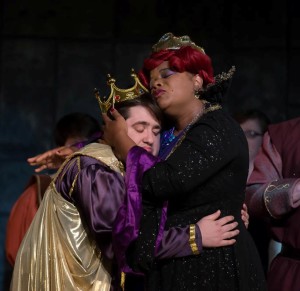 Tommy Malek as Prince Dauntless (left) and Kay-Megan Washington as Queen Aggravain (right) in Once Upon a Mattress