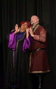 Kay-Megan Washington as Queen Aggravain (left) and Jom Gross as Wizard (right) in Once Upon A Mattress