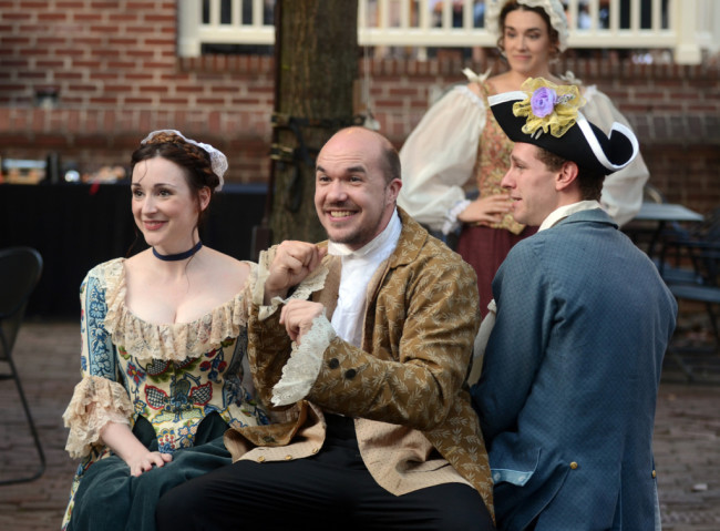 (L to R) Megan Morse Jans as Clarice, Brian Keith MacDonald as Pantalone, Amy Pastoor as  Smeraldina, and Michael Windsor as Silvio in The Servant of Two Masters