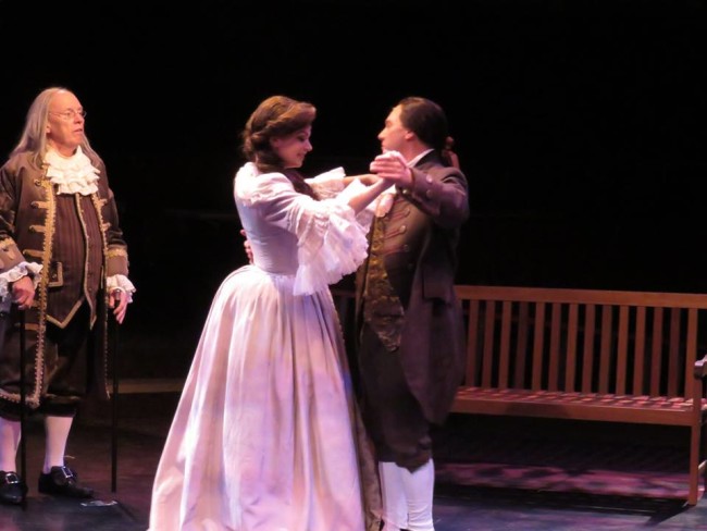 John Stevenson as Ben Franklin (left) with MaryKate Brouillet as Martha Jefferson (center) and Jeffrey Shankle as John Adams (right) 