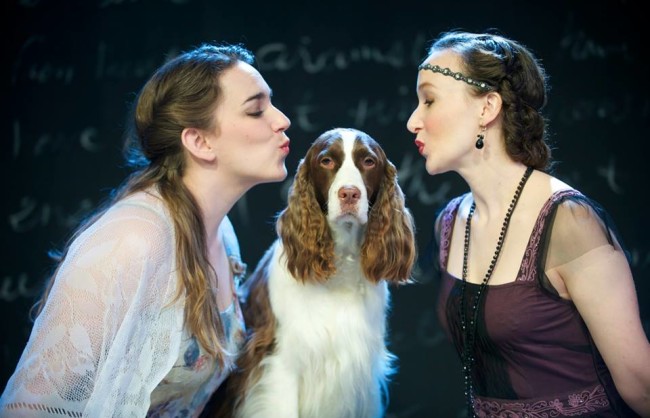 Amy Pastoor (left) as Julia, Julie (center) as Crab the Dog, and Laura Rocklyn (right) as Silvia in The Two Gentlemen of Verona