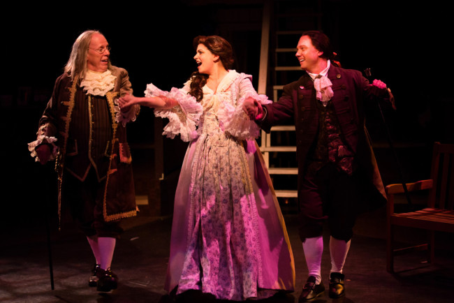 John Stevenson as Ben Franklin (left) with MaryKate Brouillet as Martha Jefferson (center) and Jeffrey Shankle as John Adams (right) 