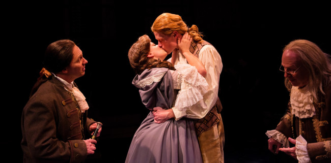 (L to R) Jeffrey Shankle as John Adams, MaryKate Brouillet as Martha Jefferson, Brendan McMahon as Thomas Jefferson, and John Stevenson as Ben Franklin