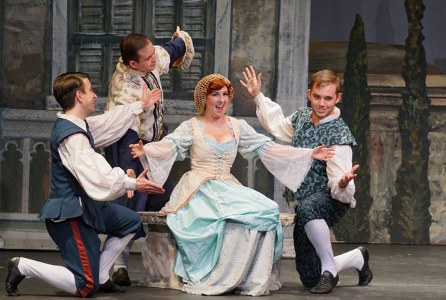 Amy Greco (center) as Bianca, surrounded by Nathan Bowen (left) as Lucentio, Stevie Mangum (above) as Hortensio and Tyler Everett Adams (right) as Gremio