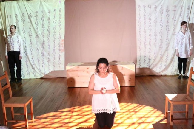 Joseph Coracle (left) Michele Massa (center) and Rebecca Ellis (right) in The Pillow Book at Cohesion Theatre Company