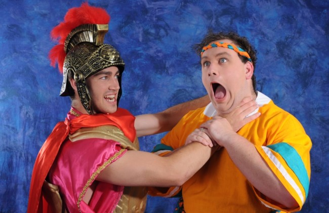 (L to R) Thomas Brady as Miles Gloriousus and Gregory Atkin as Pseudolus