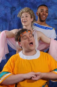 Gregory Atkin (bottom) as Pseudolus, Molly Janiga (middle) as Philia, and Hasanis Allen (top) as Hysterium