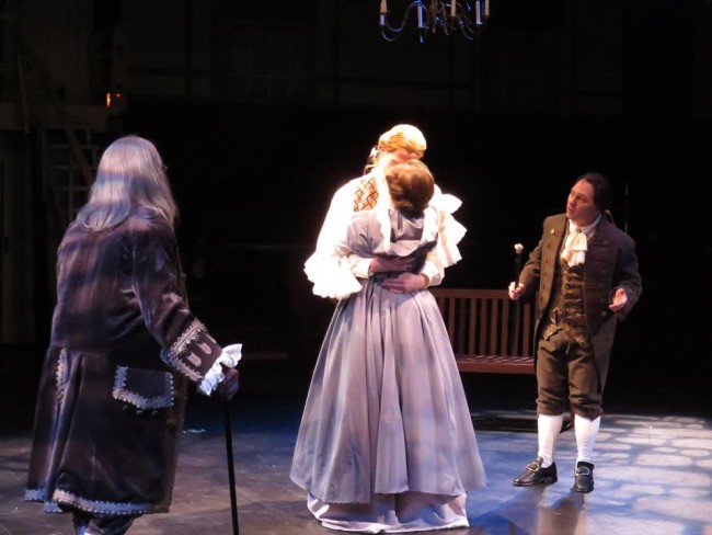 (L to R) Ben Franklin (John Stevenson) Thomas Jefferson (Brendan McMahon) Martha Jefferson (MaryKate Brouillet) and John Adams (Jeffrey Shankle)