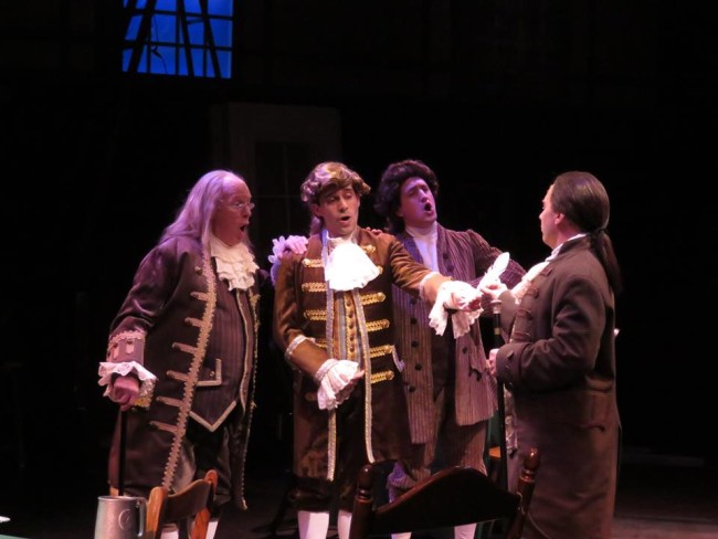 (L to R) John Stevenson as Benjamin Franklin, Ben Lurye as Robert Livingston, Chris Rudy as Roger Sherman, and Jeffrey Shankle as John Adams.