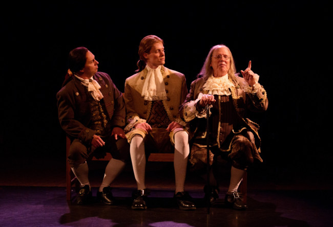 Jeffrey Shankle as John Adams (left) Brendan McMahon as Thomas Jefferson (center) and John Stevenson as Ben Franklin (right)