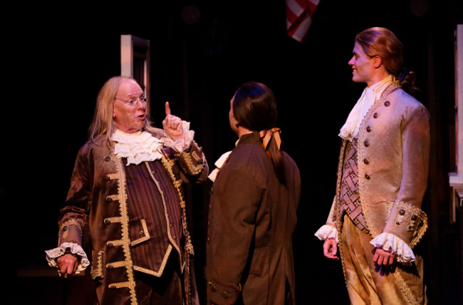 John Stevenson as Ben Franklin (left) Jeffery Shankle as John Adams (center) and Brendan McMahon as Thomas Jefferson (right) 