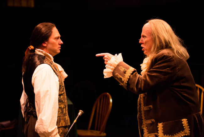 Jeffrey Shankle as John Adams (left) and John Stevenson as Ben Franklin (right)