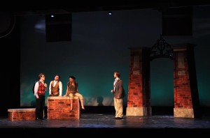 (L to R) Drew Looney as Aaron Scholtz, Edwin J. Santiago as Padamadan, Julie O'Hara as Enid Hoops, and Zac Brightbill as Emmet Forest