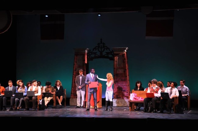 (centered) Zac Billbright (left) as Emmet Forest, Audrey Tchoukoua (center) as Professor Callahan and Victoria Meyer (right) as Elle Woods