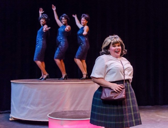 Amy E. Haynes as Tracy Turnblad (front) and The Dynamites (back- Renata Hammond, Taylor Dodson, and Sydney Pope) in Hairspray